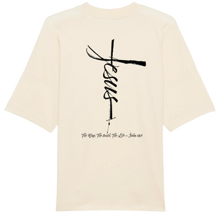 Jesus cross Front- und BackPrint Oversized Shirt Detailansicht, Mountain Movers christliche Streetwear