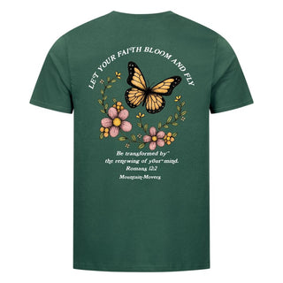 Let your Faith Bloom and Fly Shirt Front & Back Detailansicht, Mountain Movers christliche Streetwear