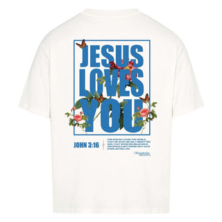 Jesus loves you Flower Oversize Shirt Detailansicht, Mountain Movers christliche Streetwear