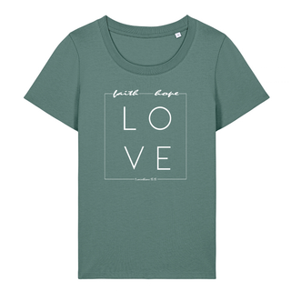 Love Frauen T-Shirt Detail, Mountain Movers christlicher Print