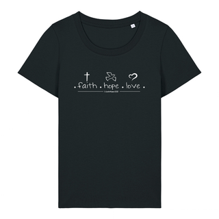 Faith Hope Love Frauen T-Shirt Detailansicht, Mountain Movers christliche Streetwear