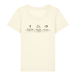 Faith Hope Love Frauen T-Shirt Detailansicht, Mountain Movers christliche Streetwear