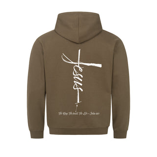 Jesus Cross Hoodie BackPrint Detailansicht, Mountain Movers christliche Streetwear