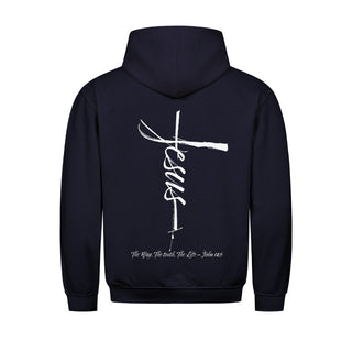 Jesus Cross Hoodie BackPrint Detailansicht, Mountain Movers christliche Streetwear