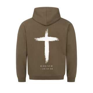 He Died Hoodie BackPrint Detailansicht, Mountain Movers christliche Streetwear