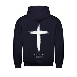 He Died Hoodie BackPrint Detailansicht, Mountain Movers christliche Streetwear
