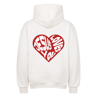 Jesus loves you Heart Oversized Hoodie Backprint, Nahaufnahme