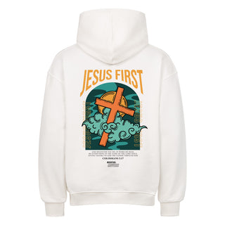 Jesus First Oversized Hoodie BackPrint, Nahaufnahme