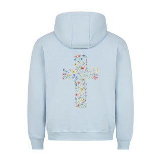 Flower Cross Hoodie BackPrint Detailansicht, Mountain Movers christliche Streetwear