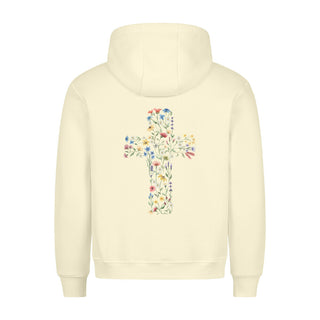 Flower Cross Hoodie BackPrint Detailansicht, Mountain Movers christliche Streetwear