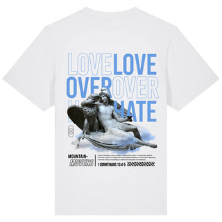 Love over Hate Oversized Shirt Front- & Backprint Detailansicht, Mountain Movers christliche Streetwear