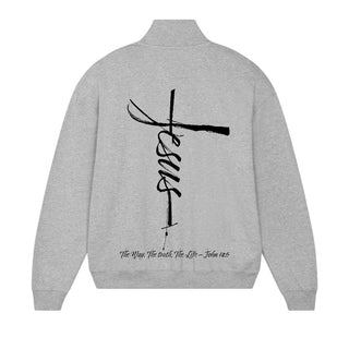 Jesus Cross Half Zip Sweater Detailansicht, Mountain Movers christliche Streetwear
