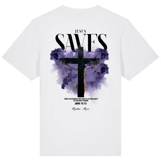 Jesus Saves Streetwear Oversized Shirt Back & Frontprint Detailansicht, Mountain Movers christliche Streetwear