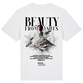Beauty from Ashes Streetwear Oversized Shirt Backprint + Logo Detailansicht, Mountain Movers christliche Streetwear