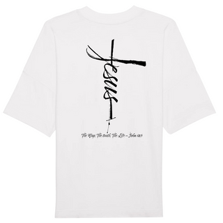 Jesus cross Front- und BackPrint Oversized Shirt Detailansicht, Mountain Movers christliche Streetwear