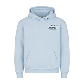 Bete, Glaube, Vertraue  Hoodie Detailansicht, Mountain Movers christliche Streetwear