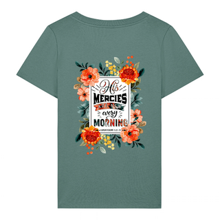HIS MERCIES FRAUEN T-SHIRT BACK Detailansicht, Mountain Movers christliche Streetwear