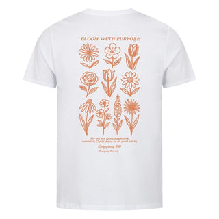 Bloom with Purpose Flower Shirt Front & Back Detailansicht, Mountain Movers christliche Streetwear