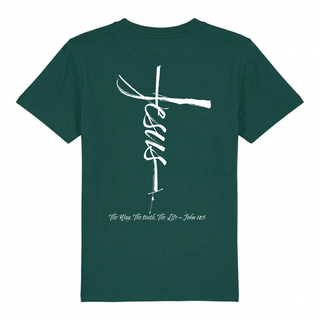 Jesus Cross Kinder T-Shirt Backprint, getragen
