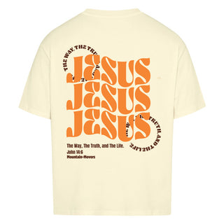 All About Jesus Oversized Shirt BackPrint Detailansicht, Mountain Movers christliche Streetwear