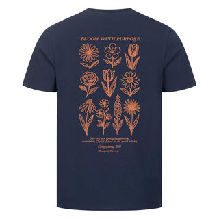 Bloom with Purpose Flower Shirt Front & Back Detailansicht, Mountain Movers christliche Streetwear