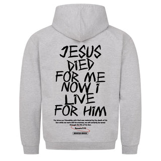 Jesus died for me Hoodie Backprint Detailansicht, Mountain Movers christliche Streetwear