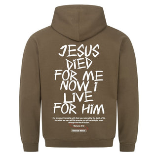 Jesus died for me Hoodie Backprint Detailansicht, Mountain Movers christliche Streetwear