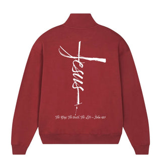 Jesus Cross Half Zip Sweater Detailansicht, Mountain Movers christliche Streetwear