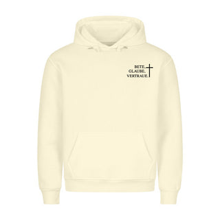 Bete, Glaube, Vertraue  Hoodie Detailansicht, Mountain Movers christliche Streetwear