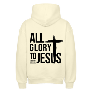 All Glory to Jesus Oversized Hoodie BackPrint Detailansicht, Mountain Movers christliche Streetwear