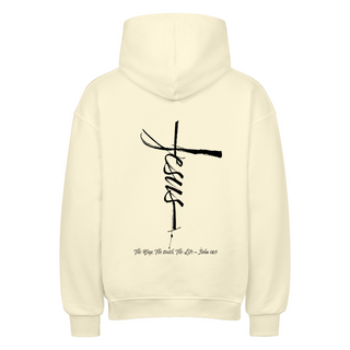 Jesus Cross Oversized Hoodie BackPrint Detailansicht, Mountain Movers christliche Streetwear