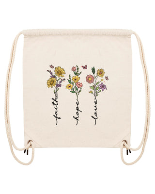 Faith Hope Love Flower Gym Bag Beige, christlicher Turnbeutel von Mountain Movers