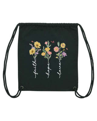 Faith Hope Love Flower Gym Bag Schwarz, christlicher Turnbeutel von Mountain Movers