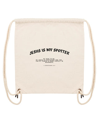 Jesus is my Spotter Gym Bag Beige, christlicher Turnbeutel von Mountain Movers