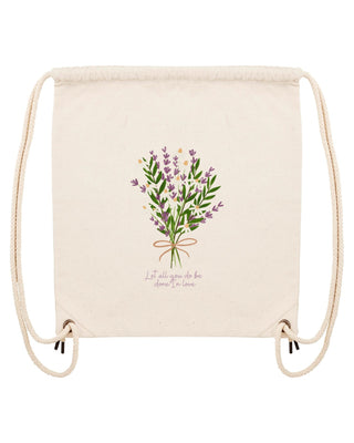 Let all you do be done in Love Gym Bag Beige, christlicher Turnbeutel von Mountain Movers