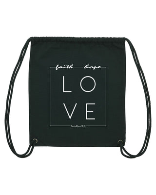 Love Gym Bag Schwarz, christlicher Turnbeutel von Mountain Movers