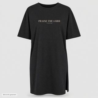 Praise the Lord T-Shirt Kleid in Schwarz freigestellt, Vorderansicht mit Frontprint (KI-generiertes Bild)