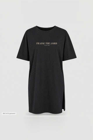 Praise the Lord T-Shirt Kleid in Schwarz freigestellt, Vorderansicht mit Frontprint (KI-generiertes Bild)