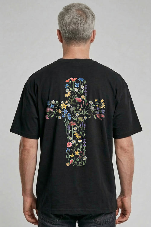 Bloemenkruis oversized T-shirt op de rug