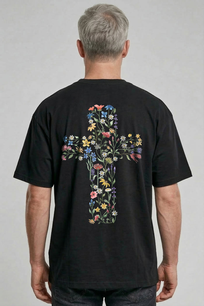Bloemenkruis oversized T-shirt op de rug