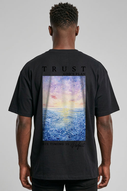 Trust God's Plan aquarel oversized T-shirt met print op de achterkant