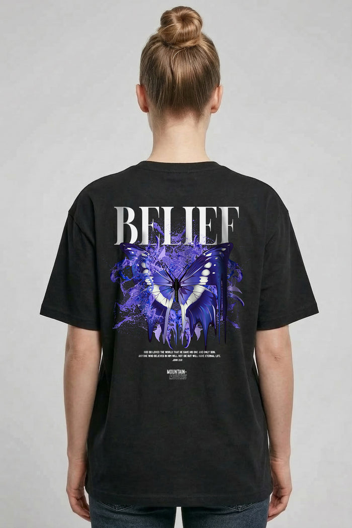 Geloof oversized T-shirt voor- en achterkant bedrukt