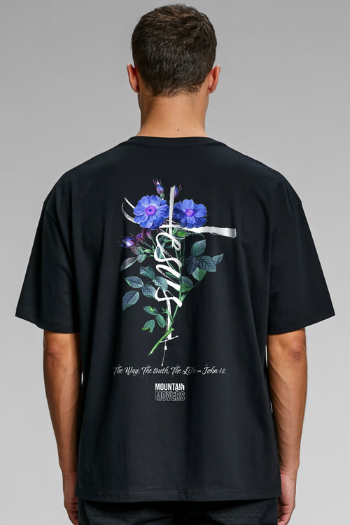 Jesus Flower Cross Oversized T-shirt met rugprint