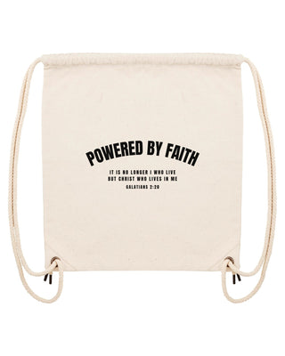 Powered by Faith Gym Bag Beige, christlicher Turnbeutel von Mountain Movers