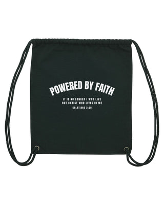 Powered by Faith Gym Bag Schwarz, christlicher Turnbeutel von Mountain Movers