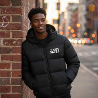 Jesus Saves Winter Puff Jacke Detailansicht, Mountain Movers christliche Streetwear