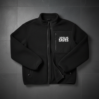 Jesus Saves Teddy Jacke Detailansicht, Mountain Movers christliche Streetwear