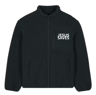 Jesus Saves Teddy Jacke Detailansicht, Mountain Movers christliche Streetwear