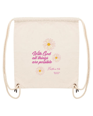 With God Flower Gym Bag Beige, christlicher Turnbeutel von Mountain Movers