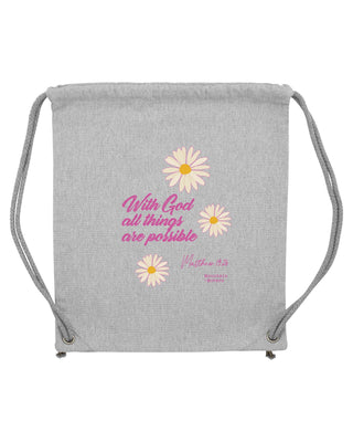 With God Flower Gym Bag Grau, christlicher Turnbeutel von Mountain Movers